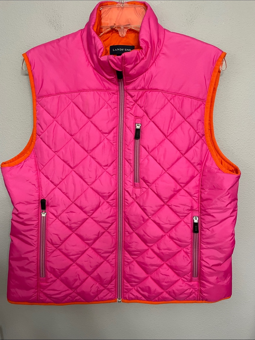 Lands' End NWOT PrimaLoft Quilted Puffer Vest Pink Orange Trim Large
